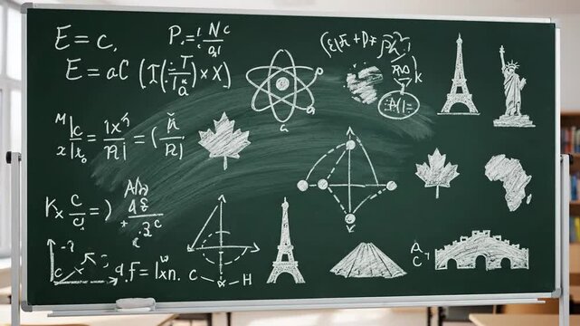 Chalkboard filled with physics formulas, math symbols, and global landmarks drawings