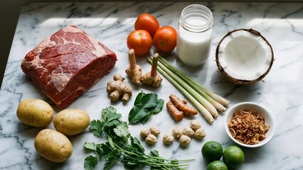 Raw Beef Brisket and Fresh Ingredients for Cooking on a Marble Countertop.