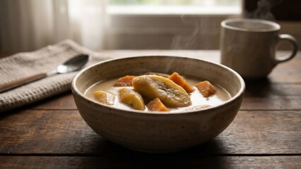 Steaming Bowl of Banana and Sweet Potato Stew on a Rustic Wooden Table.
