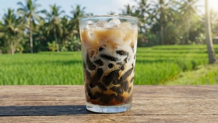 Refreshing Iced Coffee with Grass Jelly on a Wooden Table in Front of Lush Green Rice Paddies and Palm Trees Under a Sunny Sky.