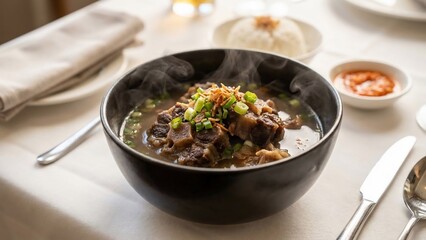 Steaming bowl of rich oxtail soup garnished with fresh scallions and fried shallots, served on a white tablecloth with rice and chili sauce.
