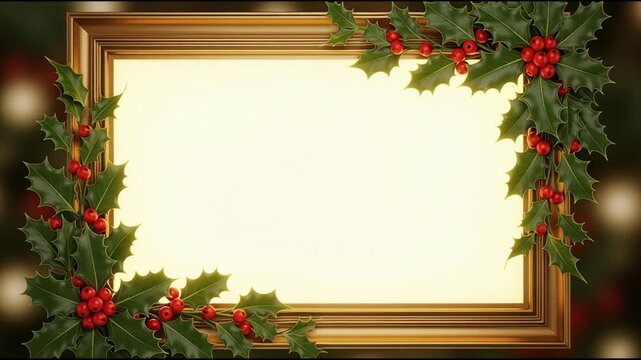 Decorative frame with holly and berries against festive backdrop