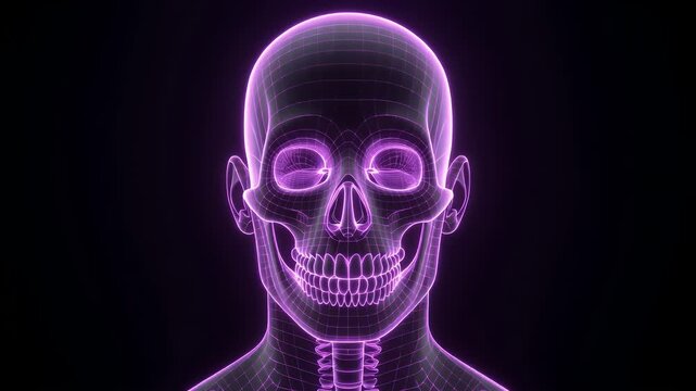 Luminous Purple Wireframe Human Skull and Upper Torso in a Dark Digital Environment, Illustrating Advanced Anatomical Visualization and Modern Medical Technology Concepts