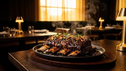 Steaming Short Ribs Served on a Sizzling Platter in a Dimly Lit Restaurant Setting.