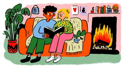 Couple enjoying cozy evening on a sofa, reading a book together, surrounded by plants and a warm fireplace, creating a relaxed and inviting atmosphere at home