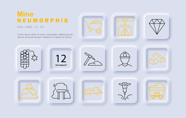 Mine set icon. Diamond, pickaxe, gold, worker, dynamite, cart, cave, drill, truck, minerals, rock, wheelbarrow equipment and elements of excavation