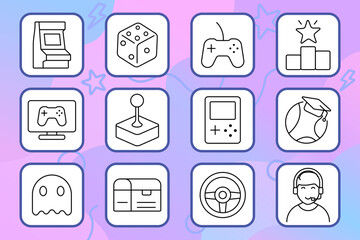 Gaming set icon. Console, controller, joystick, racing, chat, podium, screen, dice, arcade, achievement, retro, entertainment, virtual fun.