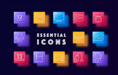 Home appliances set icon. Oven, stove, fridge, microwave, vacuum, blender, iron, scale, hood, fan, TV, sewing machine in white outlines on colorful square blocks.