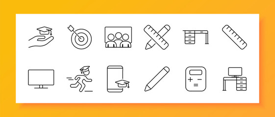 Education set icon. Graduation, target, student, pencil, ruler, desk, computer, online learning, calculator, goal, study, school, training, success, class, teaching, knowledge, course, 