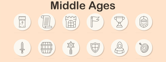 Middle Ages set icon. Tower, scroll, castle, flag, cup, knight, sword, barrel, mace, shield, monk, archery target.