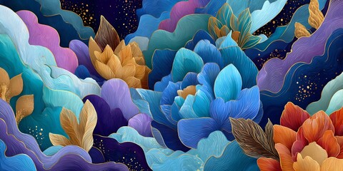 Abstract digital painting of colorful petals and leaves in a vibrant, dreamlike arrangement
