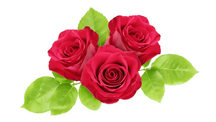 Naklejka premium Three Red Roses with Green Leaves Isolated on PNG Background
