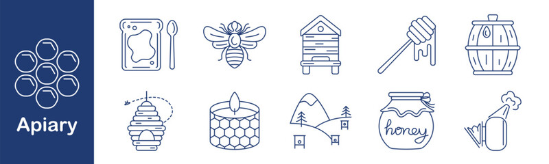 Apiary set icon. Honeycomb, honey, bee, hive, dipper, barrel, swarm, cells, landscape, jar, smoker. Beekeeping, insects, farming, nature, organic, agriculture, nectar, sweet, rural, work.