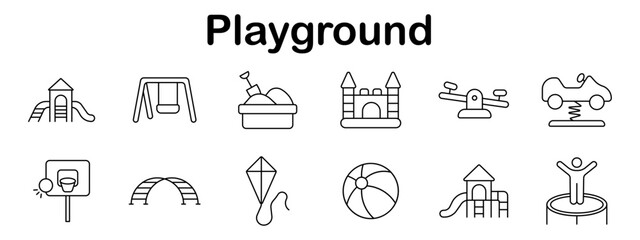 Playground set icon. Line style elements showing slide, swing, seesaw, castle, trampoline, ball, car, hoop, kite, and sandbox in play environments