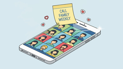 Isometric Smartphone with Video Call and "Call Family Weekly" Sticky Note Illustration