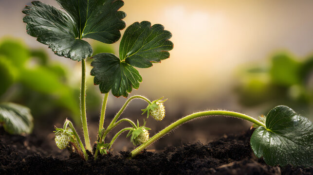 stolon. Close-up of a strawberry plant's stolon creeping across soil in morning light. gardening catalogs, home-decor guides, designed for gardening and botanical catalogs, enhances decor appeal.