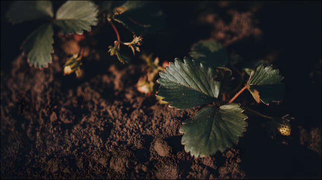stolon. Close-up of a strawberry plant's stolon creeping across soil in morning light. gardening catalogs, home-decor guides, designed for gardening and botanical catalogs, enhances decor appeal.