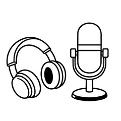Podcast recording session with microphone and headphones in a studio setup icons.