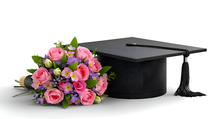 Celebrating educational milestones with a classic graduation cap and fresh bouquet. Generated AI