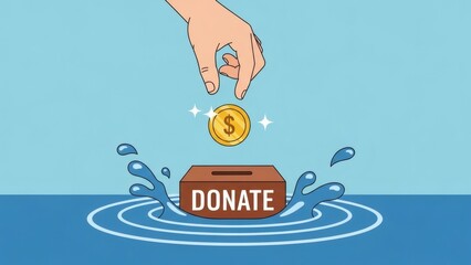 Donate Hand drops coin into a donation box in water Charity support.