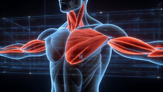 Anatomical illustration of the human muscular system, highlighting pectoral and deltoid muscles with glowing red accents against a dark, futuristic grid background
