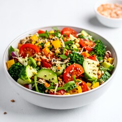Vibrant mixed salad bowl featuring diverse fresh vegetables against white background