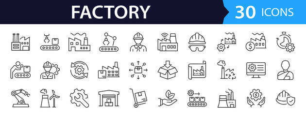 Plakat Factory and manufacturing Web Icon Set in Linear Style. Collection of manufacturing line icons, including automation, plants, industrial, production, machine, warehouse and more. Editable stroke
