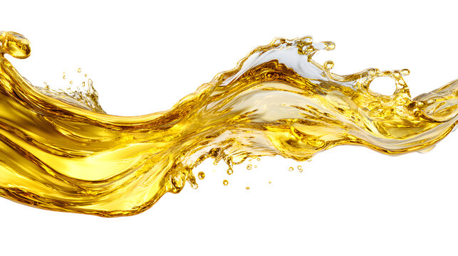 A splash of gold water transparent yellow liquid in motion isolated on white background with dynamic and energy and movement and wave and flow