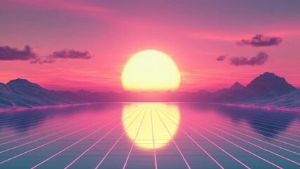 A classic 80s retrowave sunset over a glowing neon grid and digital mountains. This futuristic synthwave landscape is a perfect motion background for music videos or streaming - Powered by Adobe