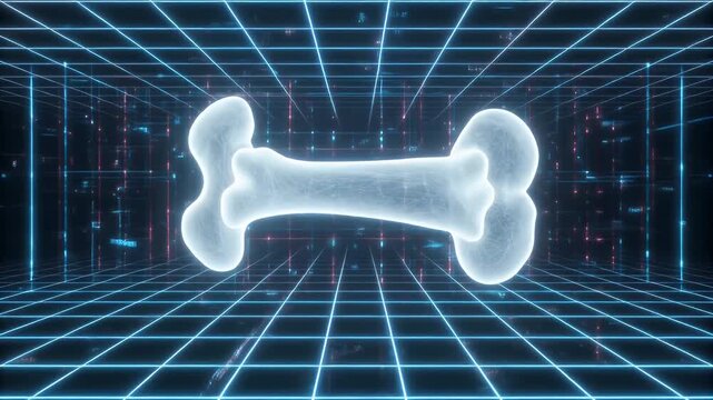 Futuristic digital rendering of a glowing bone structure, set within an abstract blue grid and technological data matrix, representing advanced medical science and anatomical visualization