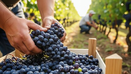 Vintage Harvest Hands gather ripe grapes in sunlit vineyard with rural bliss.