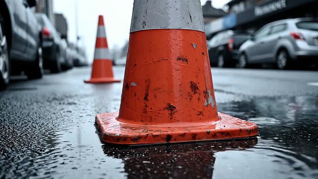 Close-up of a wet traffic cone on the street, reflecting in puddles, suggesting road construction or safety precautions, captured in raw footage for commercial or documentary use