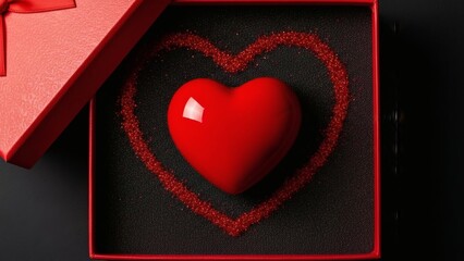 Heart in a box Valentines day concept on black background with romantic gift.