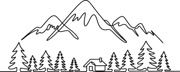 Mountain landscape with snowcaps, pine trees, and tiny cabin, continuous single-line drawing