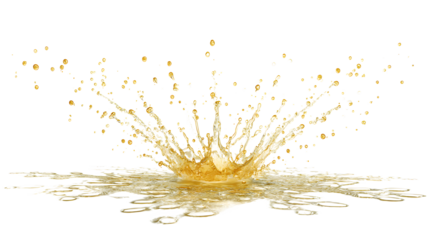 A splash of golden liquid hitting an invisible wall with droplets flying in all directions on a white background with dynamic and impact and abstract