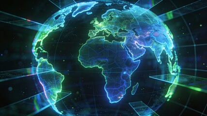 3D Holographic Projection of the Earth's Continents Formed by Transparent, Intersecting Neon-Lit Planes: Diffused and Iridescent Light with Blue and Green Neon Highlights on a Dark Tech Background.