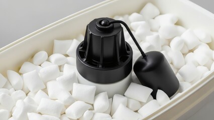 Black Cap Surrounded by Protective Foam with Secure Packaging, and White Background.
