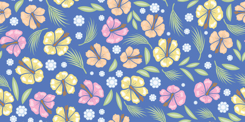Tropical colorful hibiscus pattern. tropical floral pattern blooms blue motif, Hibiscus flower design. Summer fabric pattern.Hawaiian shirts. botanical motifs floral hibiscus design. blue color fabric