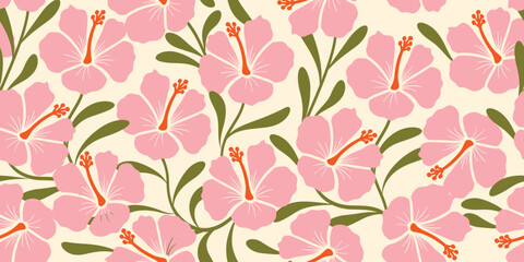 Pink Hibiscus pattern. Tropical botanical Seamless pattern. motif exotic hibiscus design.  Hawaii shirt, summer design. beautiful pink floral sweet, floral patterns. hibiscus flower. Pink fashion © Choltita