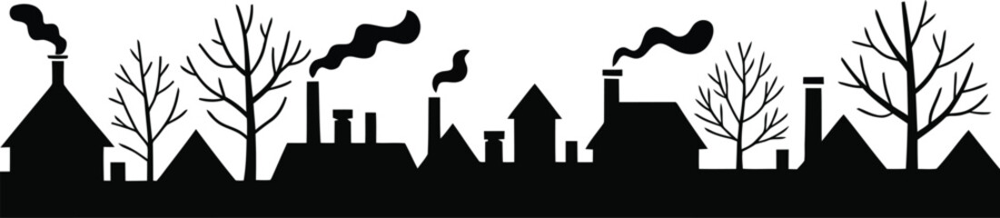 Row of winter city skyline with rooftops, chimneys, and bare trees