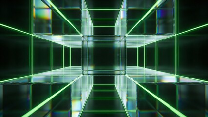 3D Abstract Background of a Receding Grid or Matrix Made of Transparent, Holographic Squares: Grid Lines Highlighted with Thin, Glowing Green Neon for a Minimalist, Technological Background.
