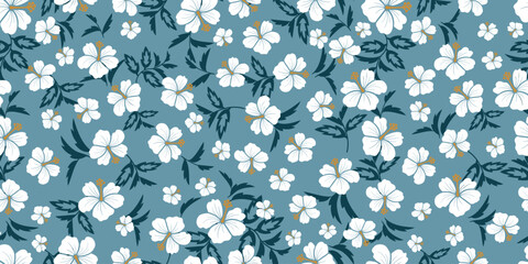 Tropical white hibiscus pattern. tropical floral pattern blooms blue motif, Hibiscus flower design. Spring fabric patterns.Hawaiian shirts. botanical motifs floral hibiscus design. blue color fabric