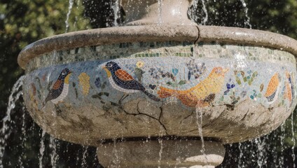 Ornate Fountain with Bird Mosaic in Sunlight.