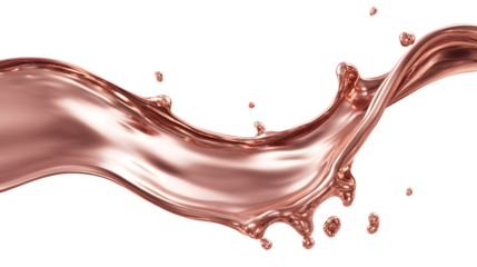 A splash of liquid rose gold copper pink metal on a white background with elegant curves and dynamic movement with liquid metal and copper splash
