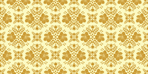 beautiful fabric hibiscus flowers pattern yellow brown color, Tropical floral and rhombus motif, hibiscus pattern flower. Summer fabric patterns for Hawaiian shirts. botanical motifs floral hibiscus. © Choltita
