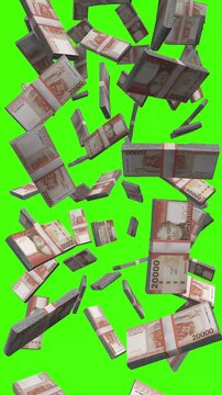 Vertical Chilean Peso bills falling on chromakey, CLP cash rain for social media