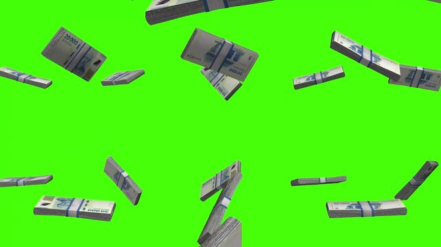 Argentine Peso banknotes falling on green screen, ARS currency rain