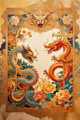 Grand vertical frame with fierce dragon head at the top, two powerful golden dragons flanking a blank central area