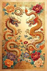 Symmetrical pair of majestic golden dragons facing each other, coiled around blooming peonies and clouds in vivid turquoise, orange, and pink palette, classic Chinese imperial art style