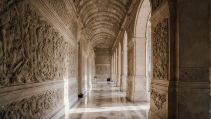 Ornate Corridor with Arches and Carved Walls in Ancient Building.